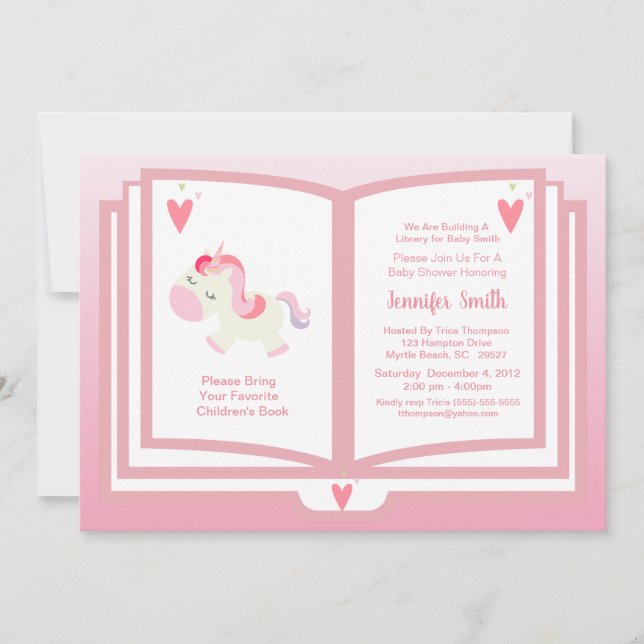 Niedlich Pink Unicorn Buch Thema Mädchen Kinderdus Einladung (Vorderseite)