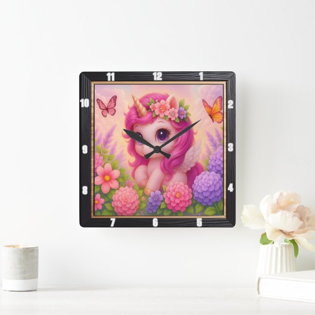 Niedlich Pink Unicorn Butterfly Quadratische Wanduhr (Zuhause)