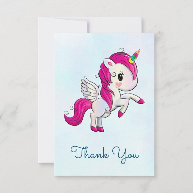 Niedlich Pink Unicorn mit Flügeln Vielen Dank Dankeskarte (Vorderseite)