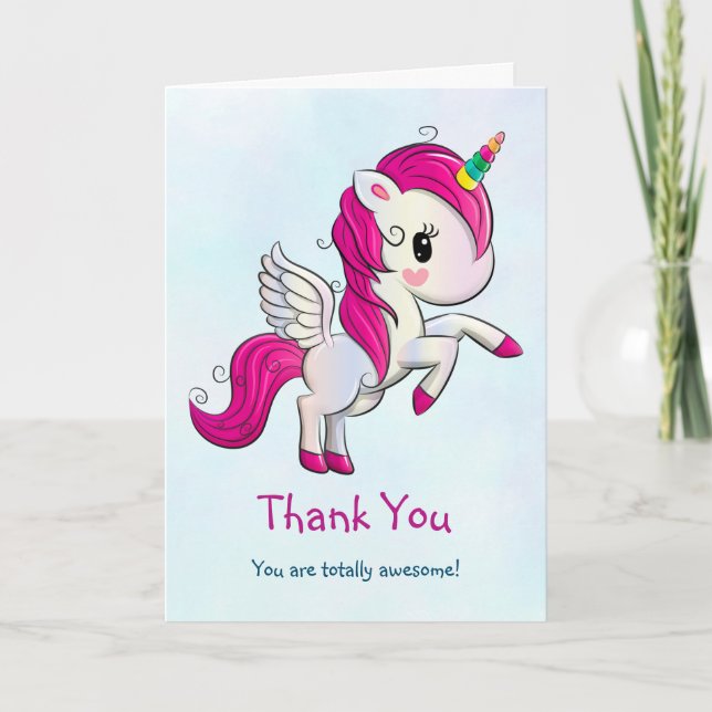 Niedlich Pink Unicorn mit Flügeln Vielen Dank Karte (Vorderseite)