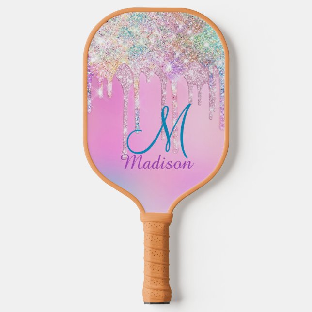 Niedlich Pink Unicorn Rainbow Glitzer Tropfen Pickleball Schläger (Vorderseite)