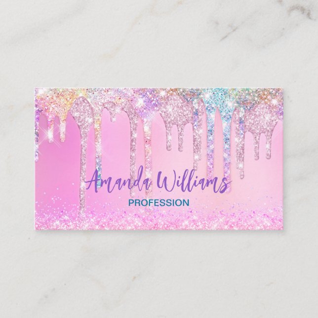 Niedlich Pink Unicorn Rainbow Glitzer Tropfen Terminkarte (Vorderseite)