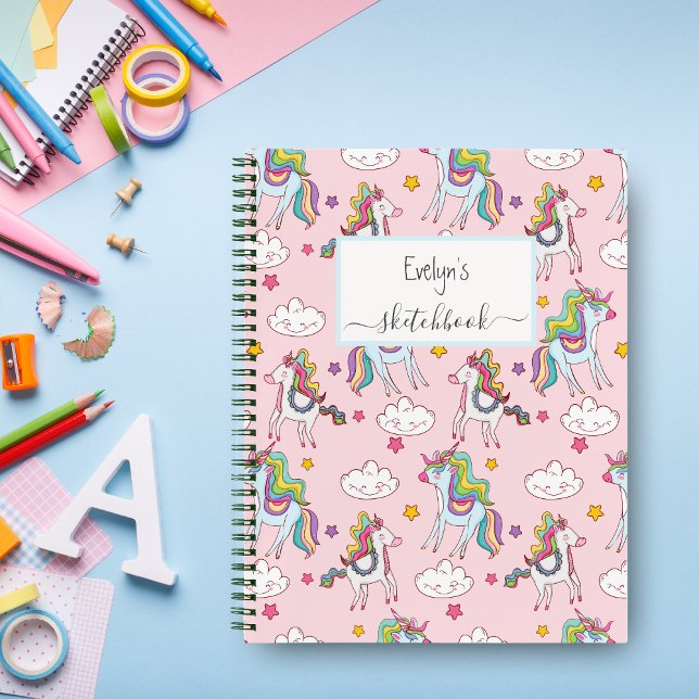 Niedlich Pink Unicorn Rainbow Sketchbook Ihr Name Notizbuch (Von Creator hochgeladen)