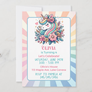 Niedlich Pink Unicorn-Thema Girl's Birthday Einlad Einladung