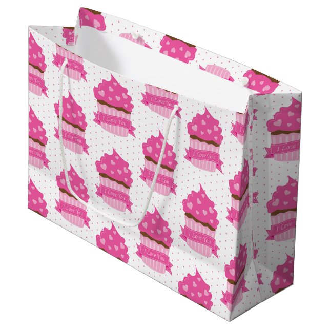 NIEDLICH PINK VALENTINSTAG CUPCAKES GROßE GESCHENKTÜTE (Vorderseite Schrägansicht)