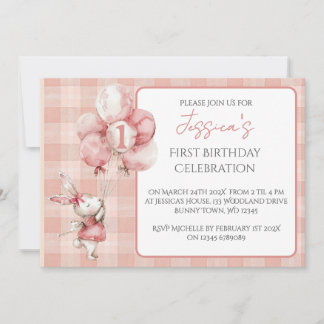 Niedlich Pink Wasserfarbe Bunny 1. Geburtstag Part Einladung