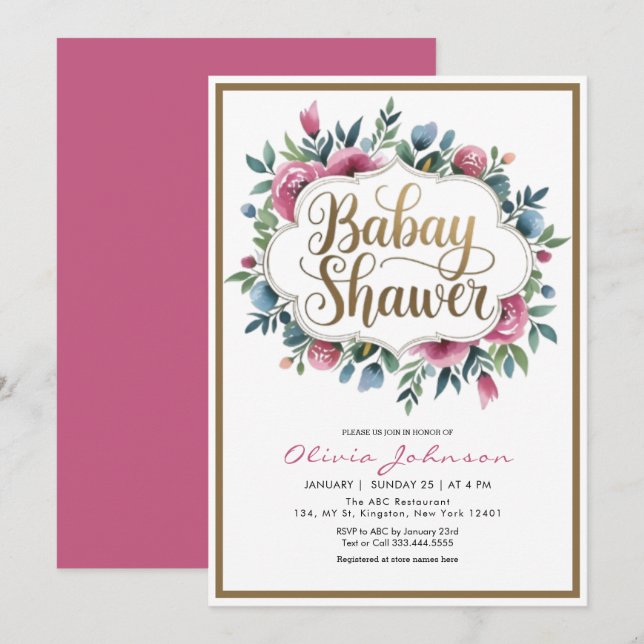 Niedlich Pink Watercolor Blume Baby Shawer Einladung (Vorne/Hinten)