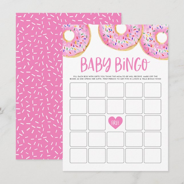 Niedlich Pink Watercolor Donuts Kinderdusche Bingo Begleitkarte (Vorne/Hinten)