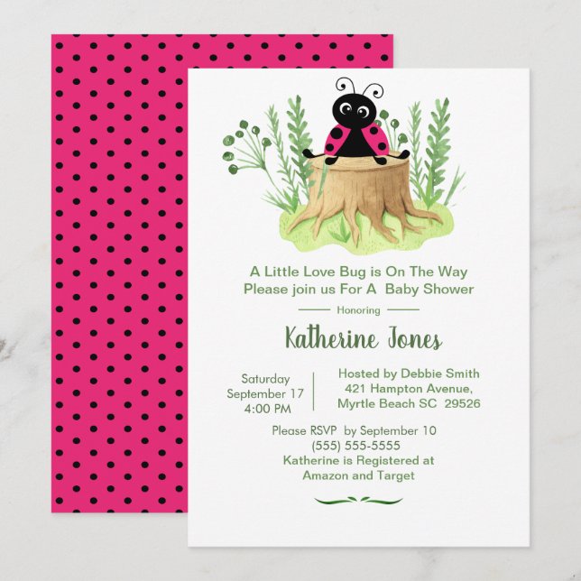 Niedlich Pink Watercolor Ladybug Girls Babydusche Einladung (Vorne/Hinten)