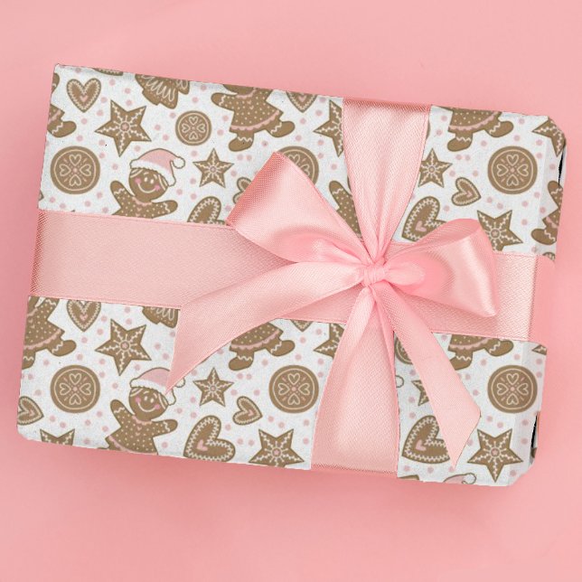 Niedlich Pink Weihnachts-Lebkuchen-Muster Geschenkpapier (Cute Pink gingerbread girl wrapping paper)