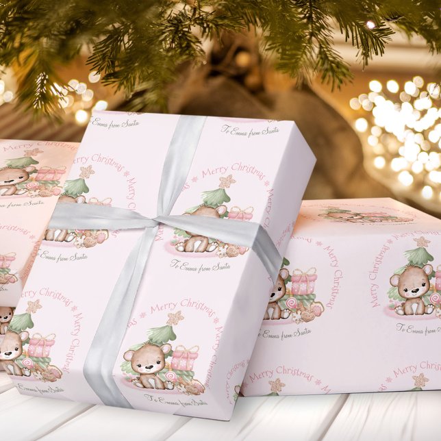 Niedlich Pink Weihnachtsverpackung Name Baby Girl Geschenkpapier (Cute Pink Christmas wrapping paper Name Baby Girl)