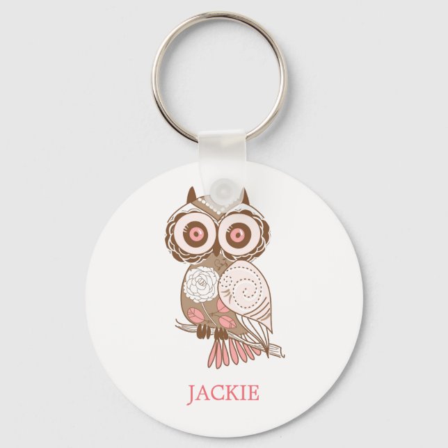Niedlich Pink Whimsical Owl Personalisiert Schlüsselanhänger (Vorderseite)