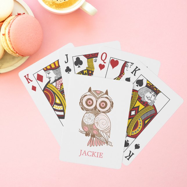 Niedlich Pink Whimsical Owl Personalisiert Spielkarten (Von Creator hochgeladen)