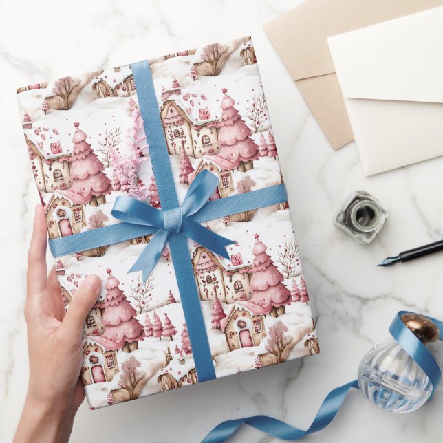 Niedlich Pink Whimsical Snowy Christmas Village Geschenkpapier (Schenken)
