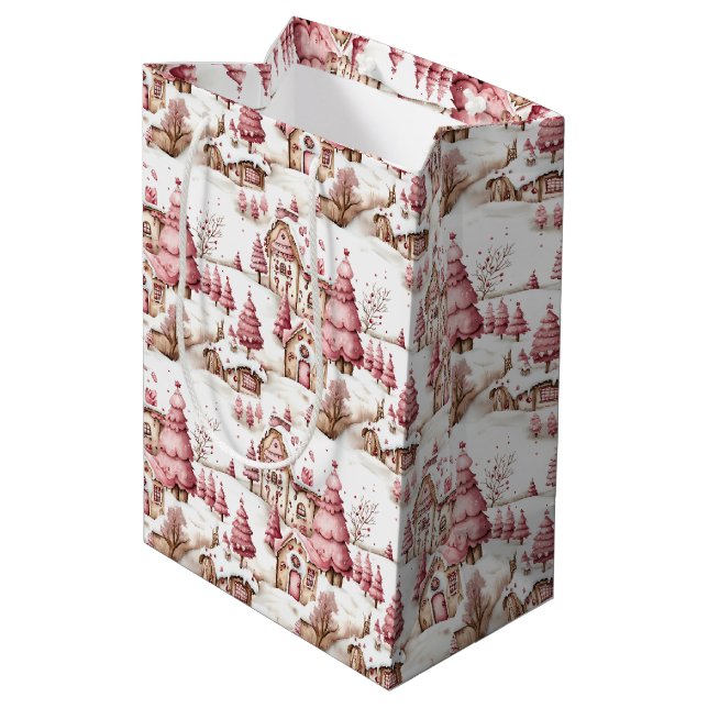 Niedlich Pink Whimsical Snowy Weihnachtsmuster Mittlere Geschenktüte (Rückseite Schrägansicht)