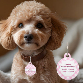 Niedlich Pink White Gingham Markierter Patername Haustiermarke