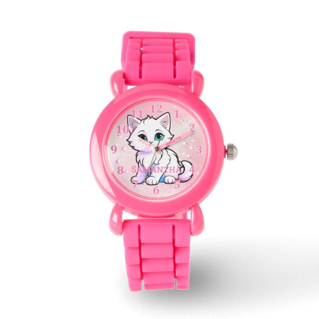 Niedlich Pink White Kawaii Kitten Armbanduhr (Vorderseite)
