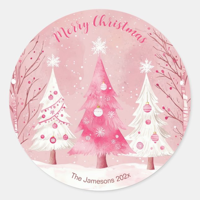 Niedlich Pink White Retro Weihnachten Runder Aufkleber (Vorderseite)