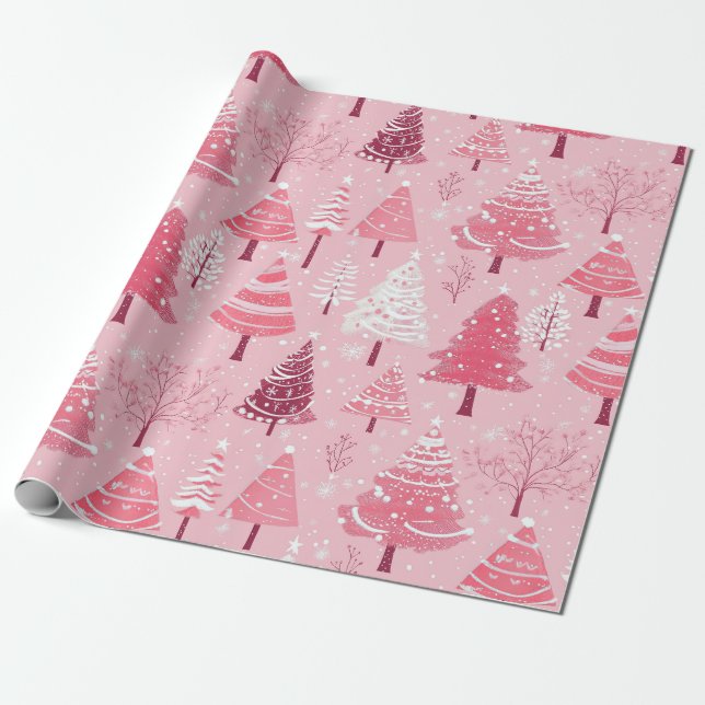 Niedlich Pink White Retro Weihnachtsbaumen Geschenkpapier (Ungerollt)