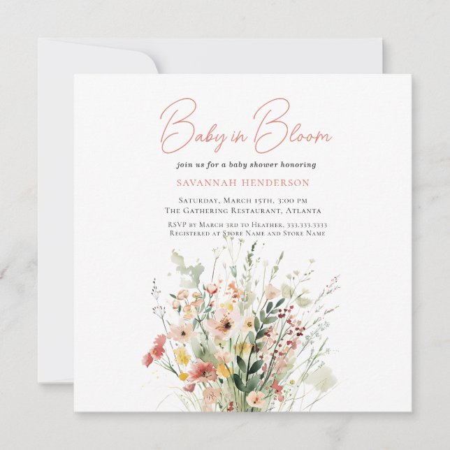 Niedlich Pink Wildblume Baby in Bloom Baby Dusche Einladung (Vorderseite)