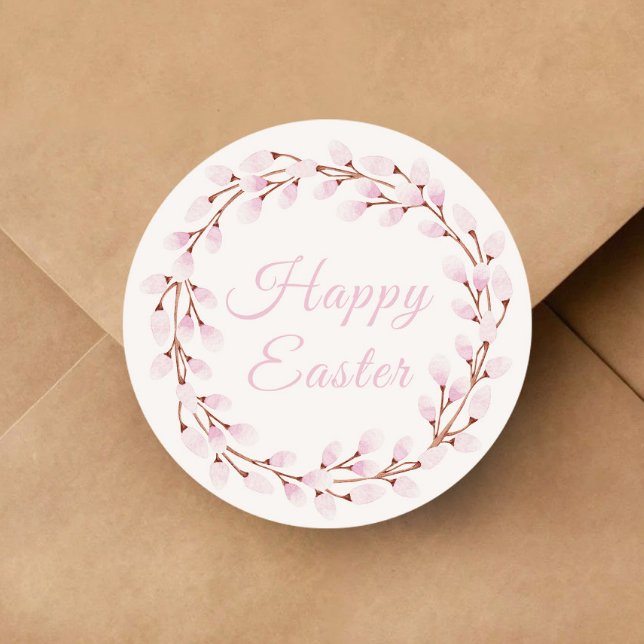 Niedlich Pink Willow Happy Oaster Runder Aufkleber (Cute Pink Willow Happy Easter Classic Round Sticker)