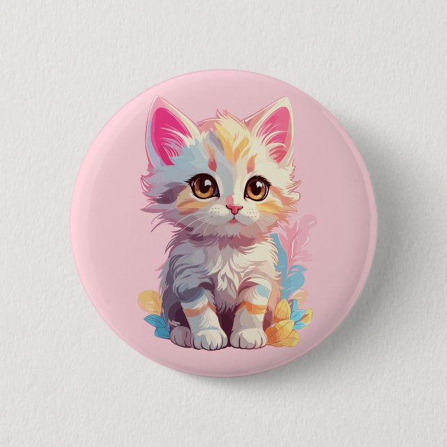 Niedlich Pink Yellow Kawaii Kitten Button (Vorderseite)