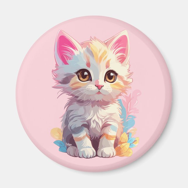 Niedlich Pink Yellow Kawaii Kitten Magnet (Vorne)