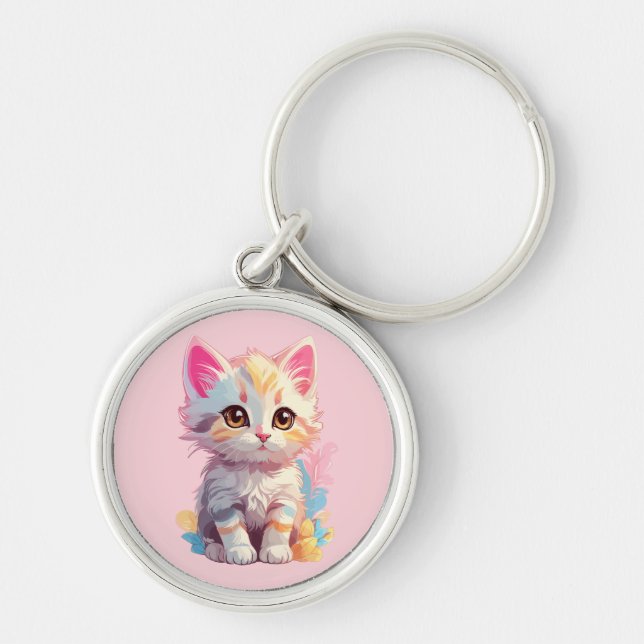 Niedlich Pink Yellow Kawaii Kitten Schlüsselanhänger (Vorne)