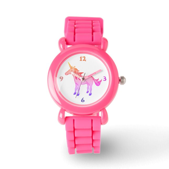 Niedlich Pink Yellow Rainbow Unicorn Girl Armbanduhr (Vorderseite)