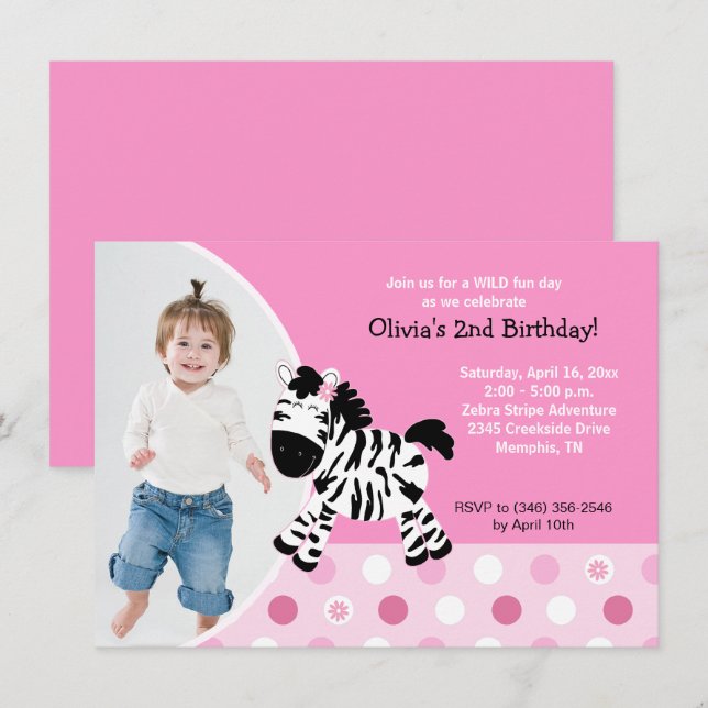 Niedlich Pink Zebra Girl Foto Geburtstag Einladung (Vorne/Hinten)