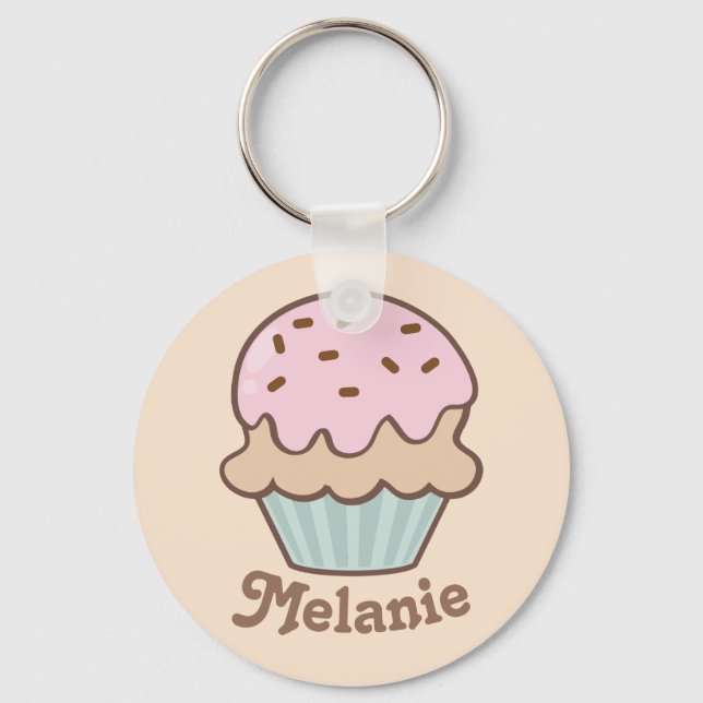 Niedlich Pink Zuckerguss Cupcake Personalisiert Schlüsselanhänger (Vorderseite)
