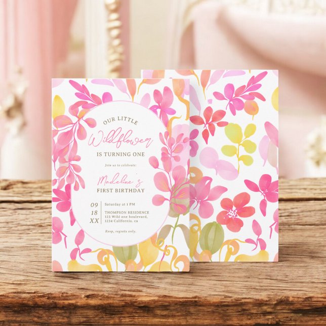 Niedlich-pinkgrün Aquarellfarbe Wildblume 1. Gebur Einladung (Cute pink green watercolor wildflower 1st birthday invitation)