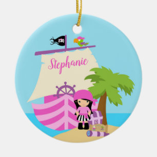 Niedlich Pirate Brünett Girl & A Big Ship Individ Keramik Ornament