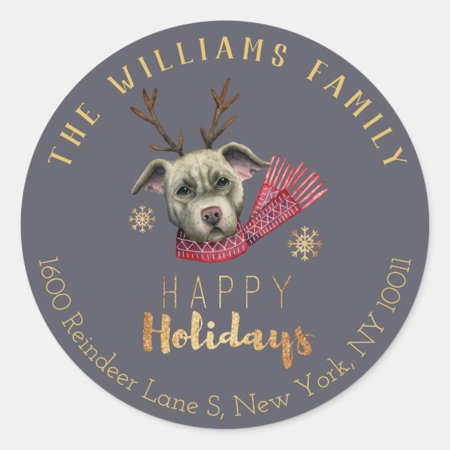 Niedlich Pitbull Dog Antlers Weihnachtsansprache Runder Aufkleber (Vorderseite)