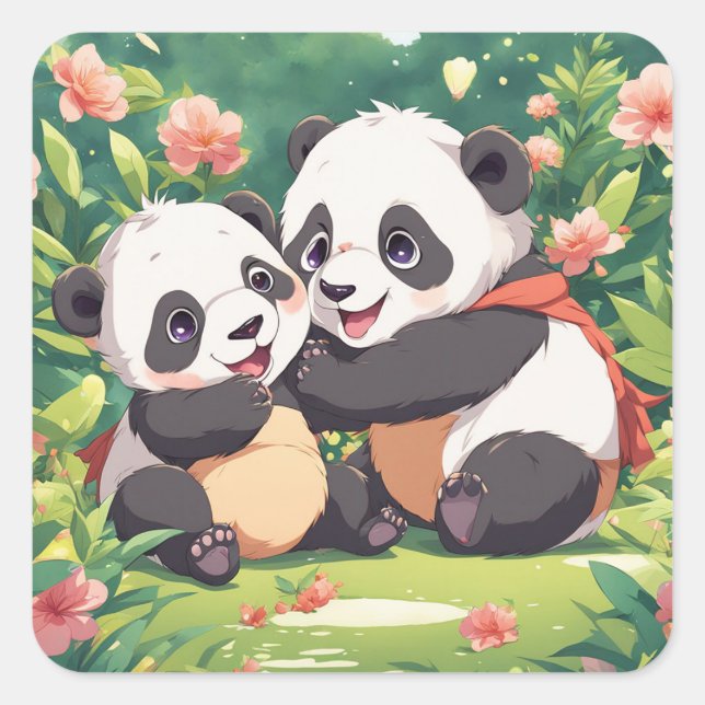 Niedlich Playful Little Pandas - Anime Style Quadratischer Aufkleber (Vorderseite)