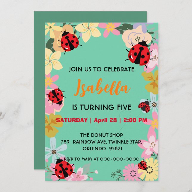 Niedlich Polka dot Ladybug Daisy Sprin Blume Gebur Einladung (Vorne/Hinten)