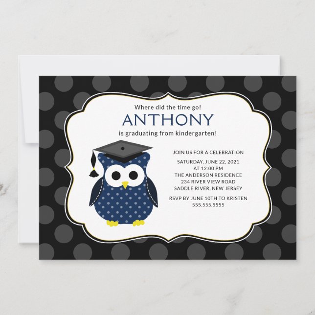 Niedlich Polka dots Grad Owl Boy Abschluss Einladu Einladung (Vorderseite)
