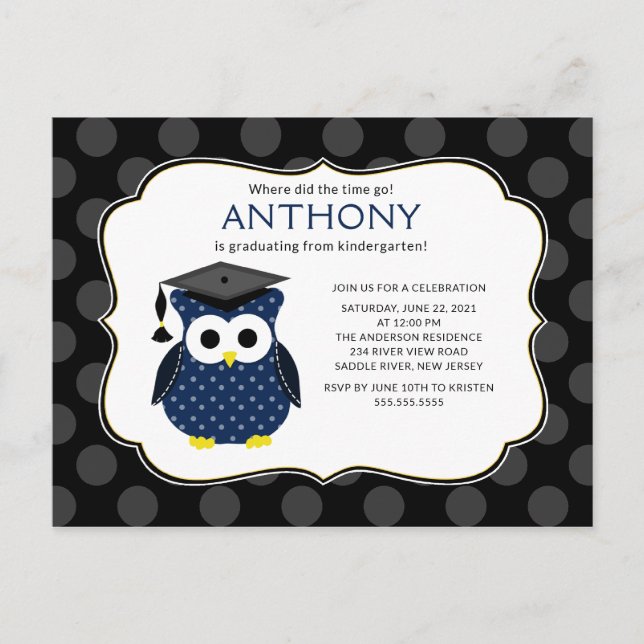 Niedlich Polka dots Grad Owl Boy Abschluss Einladu Postkarte (Vorderseite)