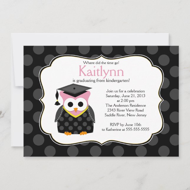 Niedlich Polka dots Grad Owl Girl Abschluss Einladung (Vorderseite)