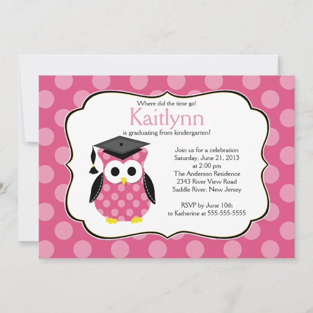 Niedlich Polka dots Grad Owl Girl Abschluss Einladung (Vorderseite)