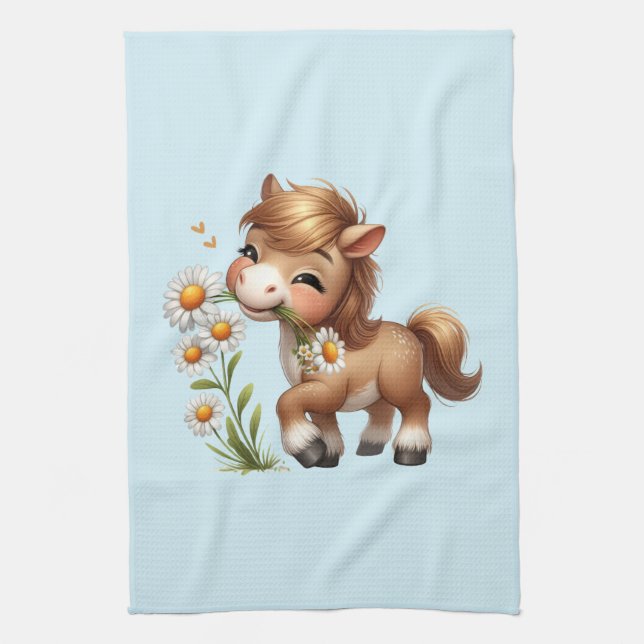 Niedlich Pony Eating Daisies Geschirrtuch (Vertikal)
