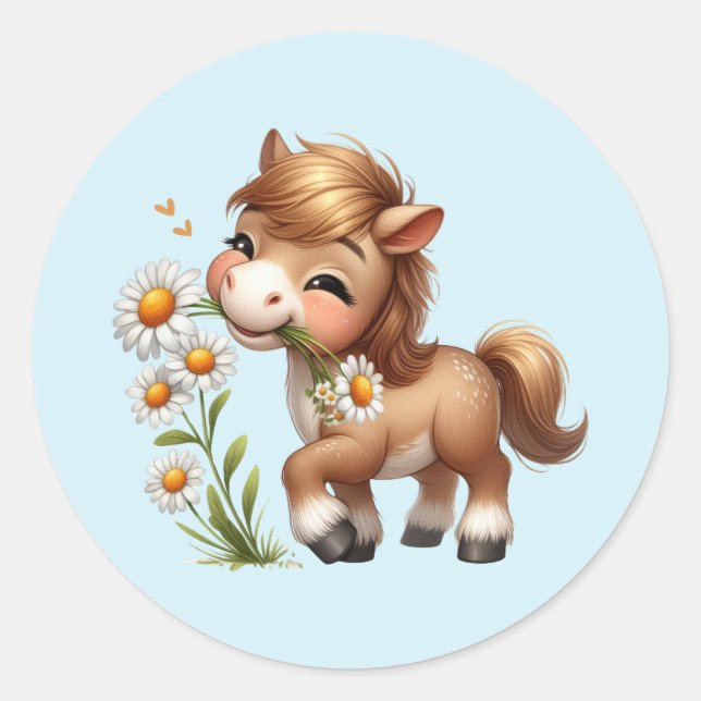 Niedlich Pony Eating Daisies Runder Aufkleber (Vorderseite)