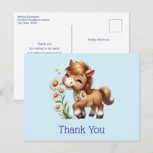 Niedlich Pony Eating Daisies Vielen Dank Postkarte (Vorne/Hinten)