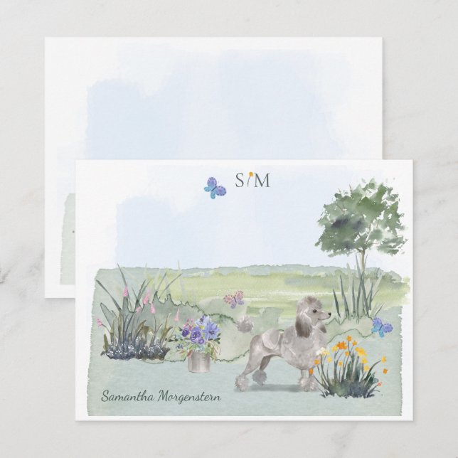Niedlich Poodle Butterfly Monogram & Name Mitteilungskarte (Vorne/Hinten)