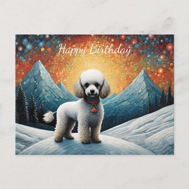 Niedlich Poodle Snowy Mountain Happy Geburtstag Postkarte (Vorderseite)