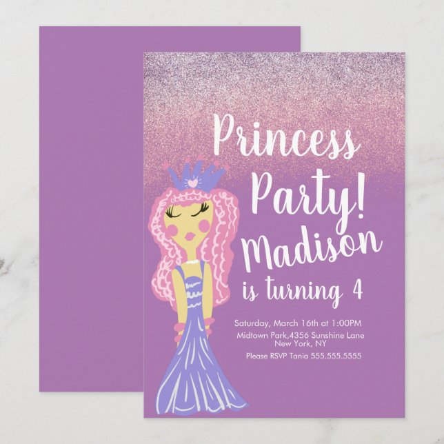 Niedlich Princess Party Doodle Einladung (Vorne/Hinten)