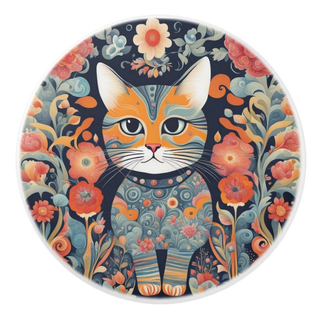 Niedlich Psychedelische Katze, Blume, Tapestry Keramikknauf (Vorderseite)