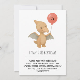Niedlich Pterodactyl Holding Pink Balloon Geburtst Einladung