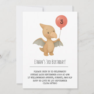 Niedlich Pterodactyl Holding Pink Balloon Geburtst Einladung