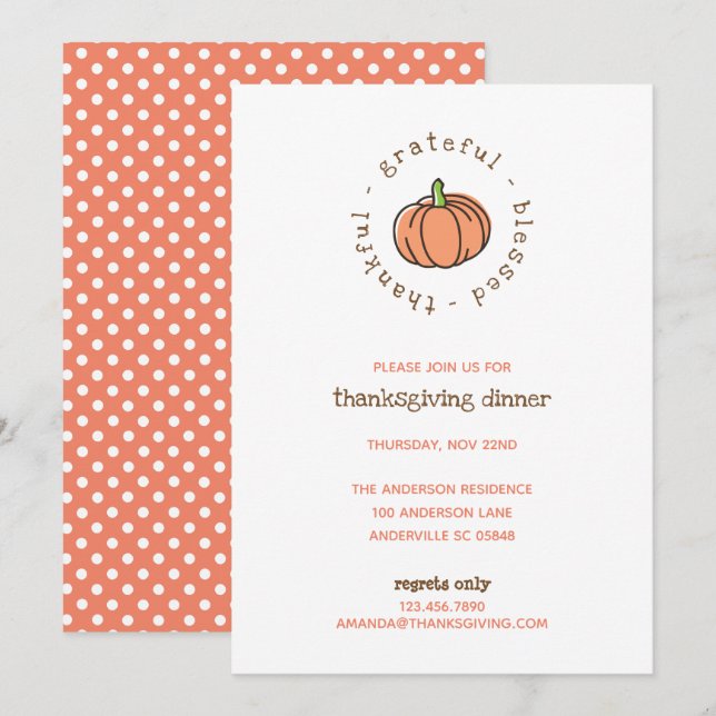 Niedlich Pumpkin Thankful Polka Dots Erntedank Einladung (Vorne/Hinten)